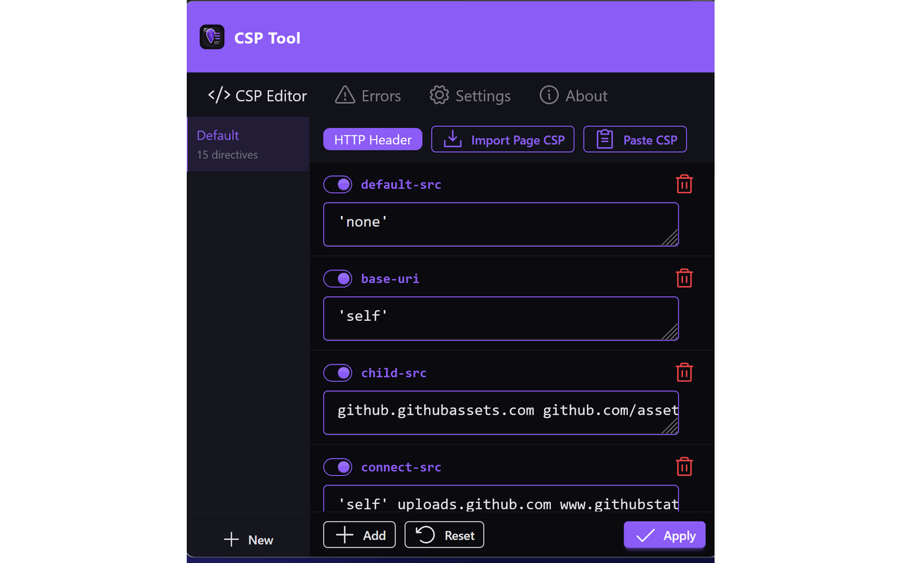 CSP Tool editor showing parsed directives for the active page