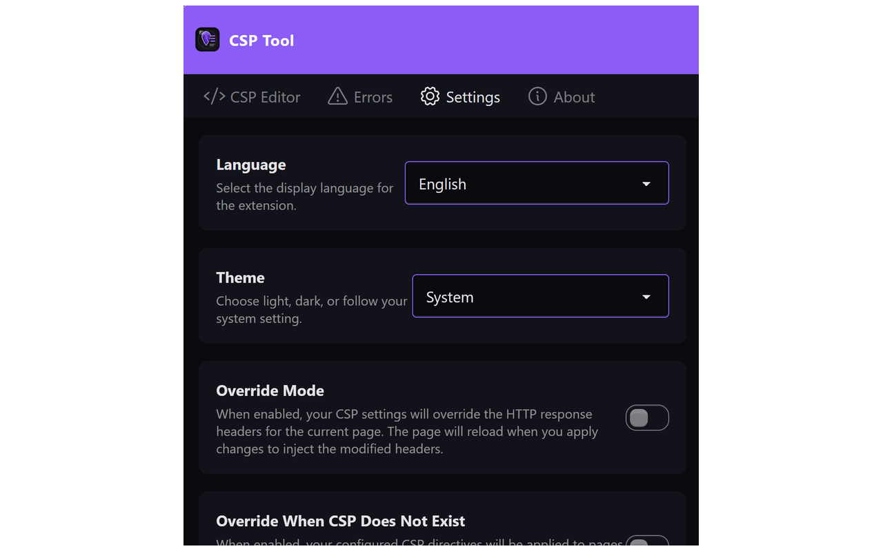 Settings panel with language, theme, and override mode controls