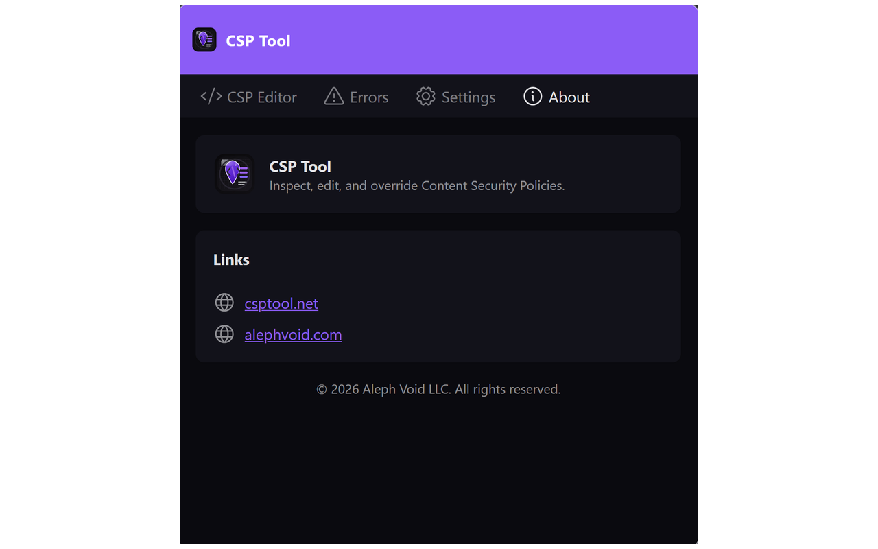About tab with CSP Tool summary and useful links